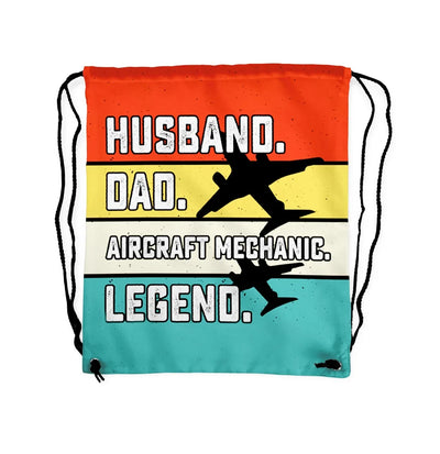 Husband & Dad & Aircraft Mechanic & Legend aviation print drawstring bag, lightweight polyester.