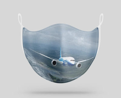 Cruising Boeing 787 aviation face mask in breathable cotton blend.