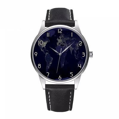 World Map From Space aviation watch with leather strap, leather strap body with engraved detail.