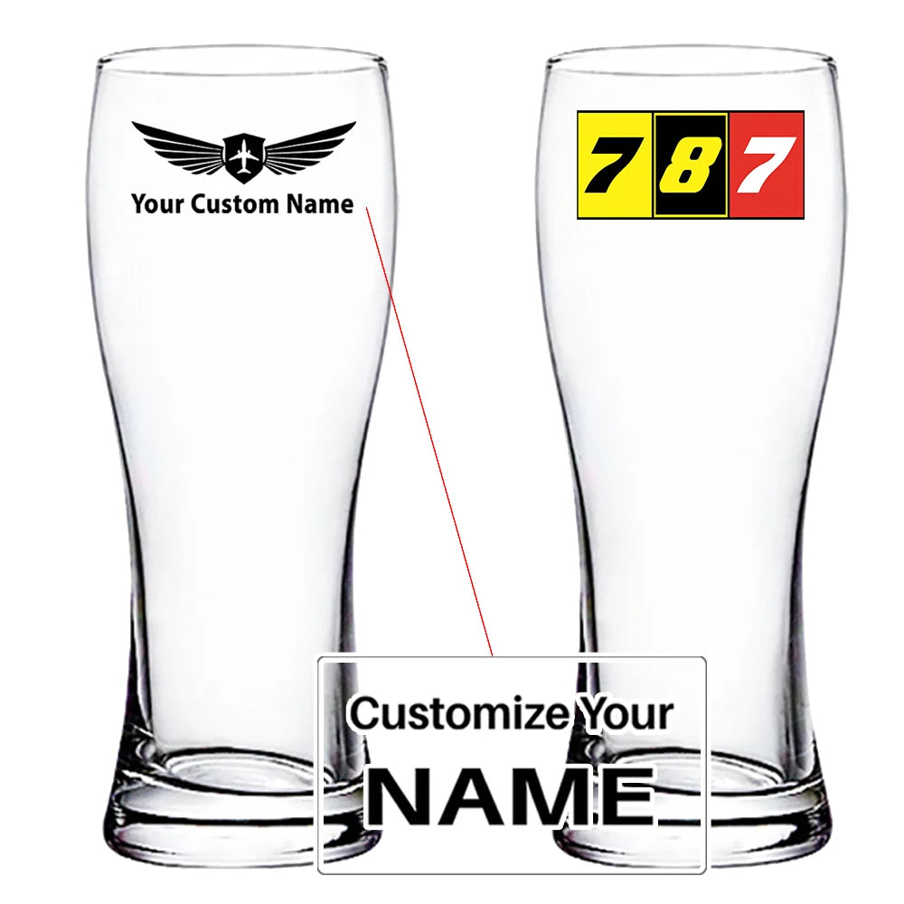 Flat Colourful 787 aviation design on pilsner glass, tall pilsner glassware.
