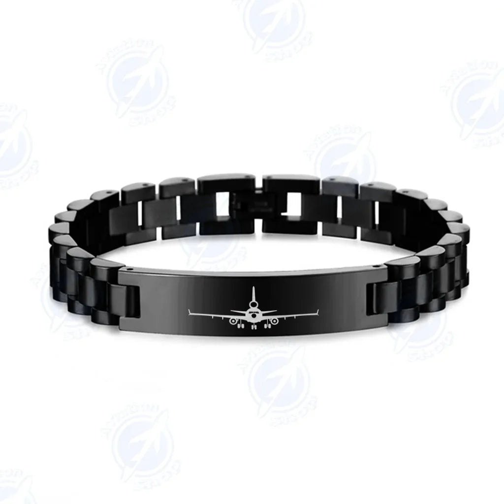 McDonnell Douglas MD-11 Silhouette Plane aviation chain bracelet, stainless steel body with engraved detail.