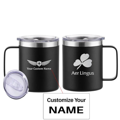 Aer Lingus Airlines aviation design on laser-engraved mug, permanent laser engraving on stainless.