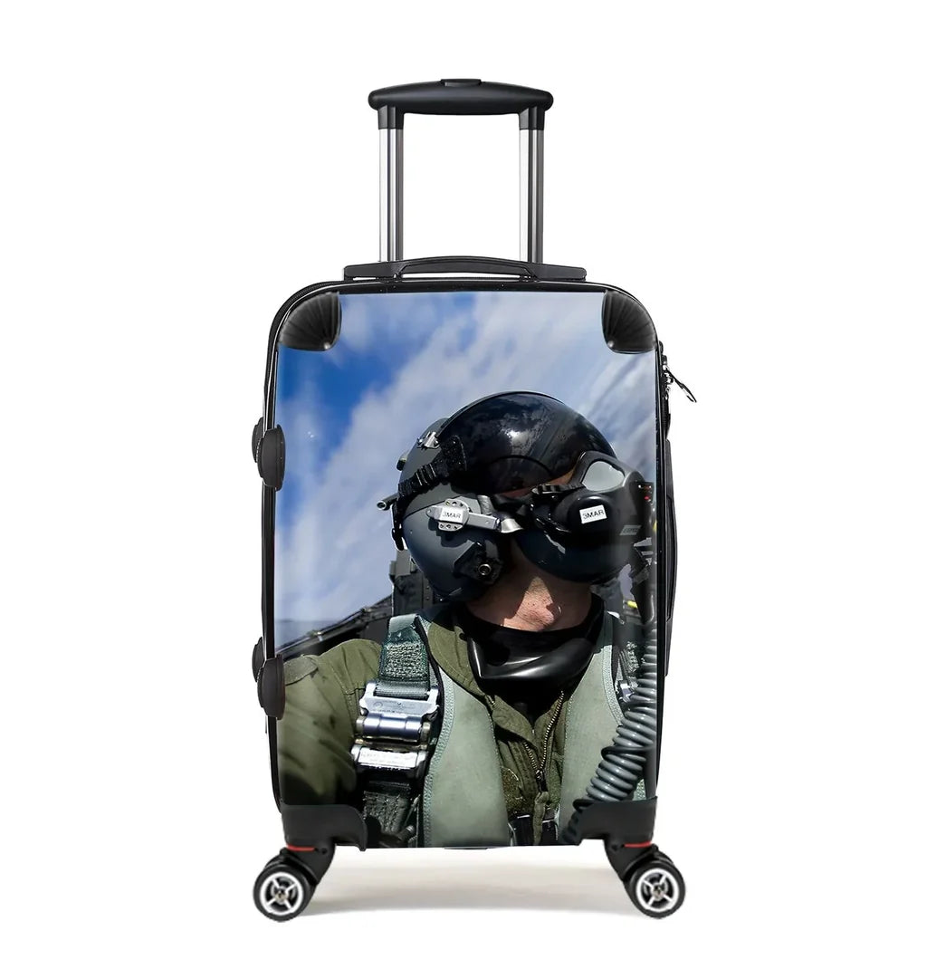 Amazing Military Pilot Selfie Cabin Size aviation print luggage, durable shell.