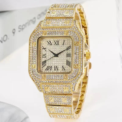 Gold Watch Ladies Wrist Watch Luxury Rhinestone Unisex aviation pilot watch, stainless steel body with engraved detail.