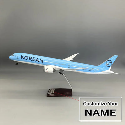 Side view of Korean Air Boeing 787 Airplane Model (43cm) aviation LED model airplane in diecast metal with LED lighting.