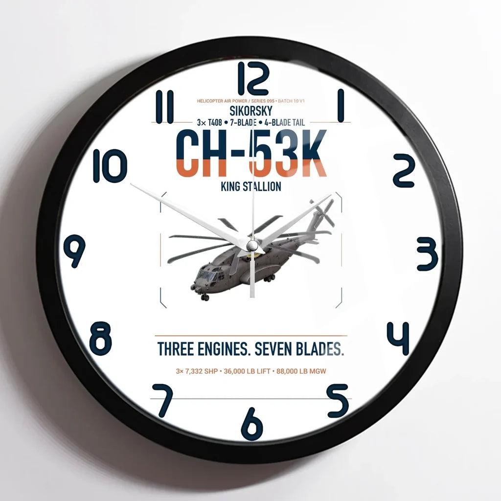 Sikorsky CH-53K King Stallion design on white framed wall clock