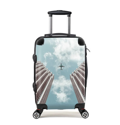 Airplane Flying over Big Buildings Cabin Size aviation design luggage, durable shell construction.