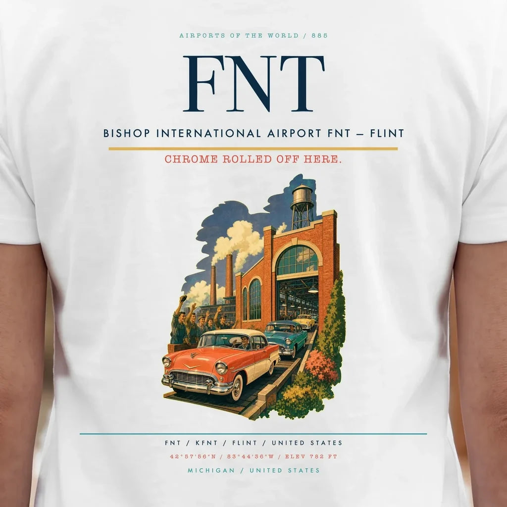 Bishop International Airport (FNT) double-side t-shirt design close-up cover
