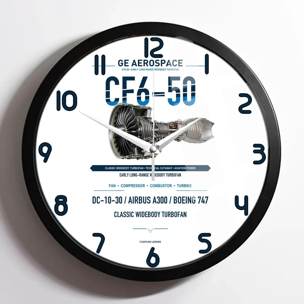 CF6-50 design on white framed wall clock