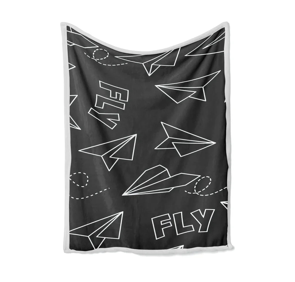 Paper Airplane & Fly-Gray Bed Blankets & aviation print on soft fleece blanket.