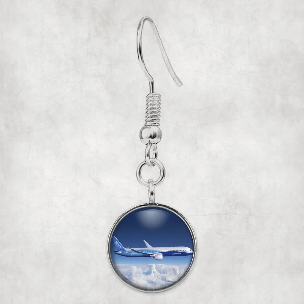 Boeing 787 Dreamliner aviation earrings, hypoallergenic alloy body with engraved detail.