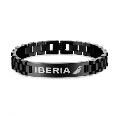 Side view of Iberia Airlines aviation chain bracelet in stainless steel, polished finish.