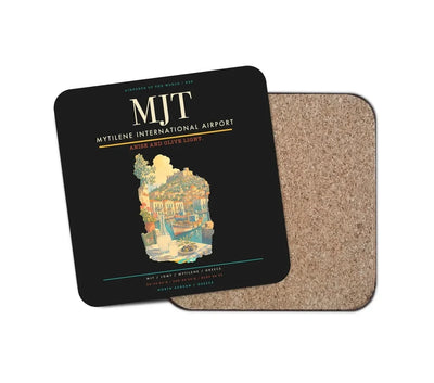 Mytilene International Airport (MJT) design on black 1 piece coaster