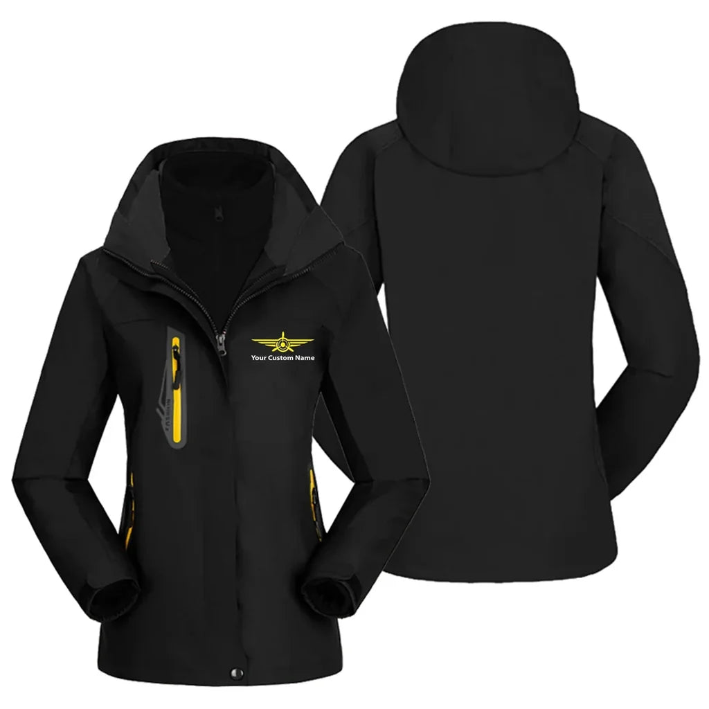 Custom Name (Badge 3) Thick "WOMEN" aviation design printed on heavyweight insulated shell with snow cuffs women's ski jacket.