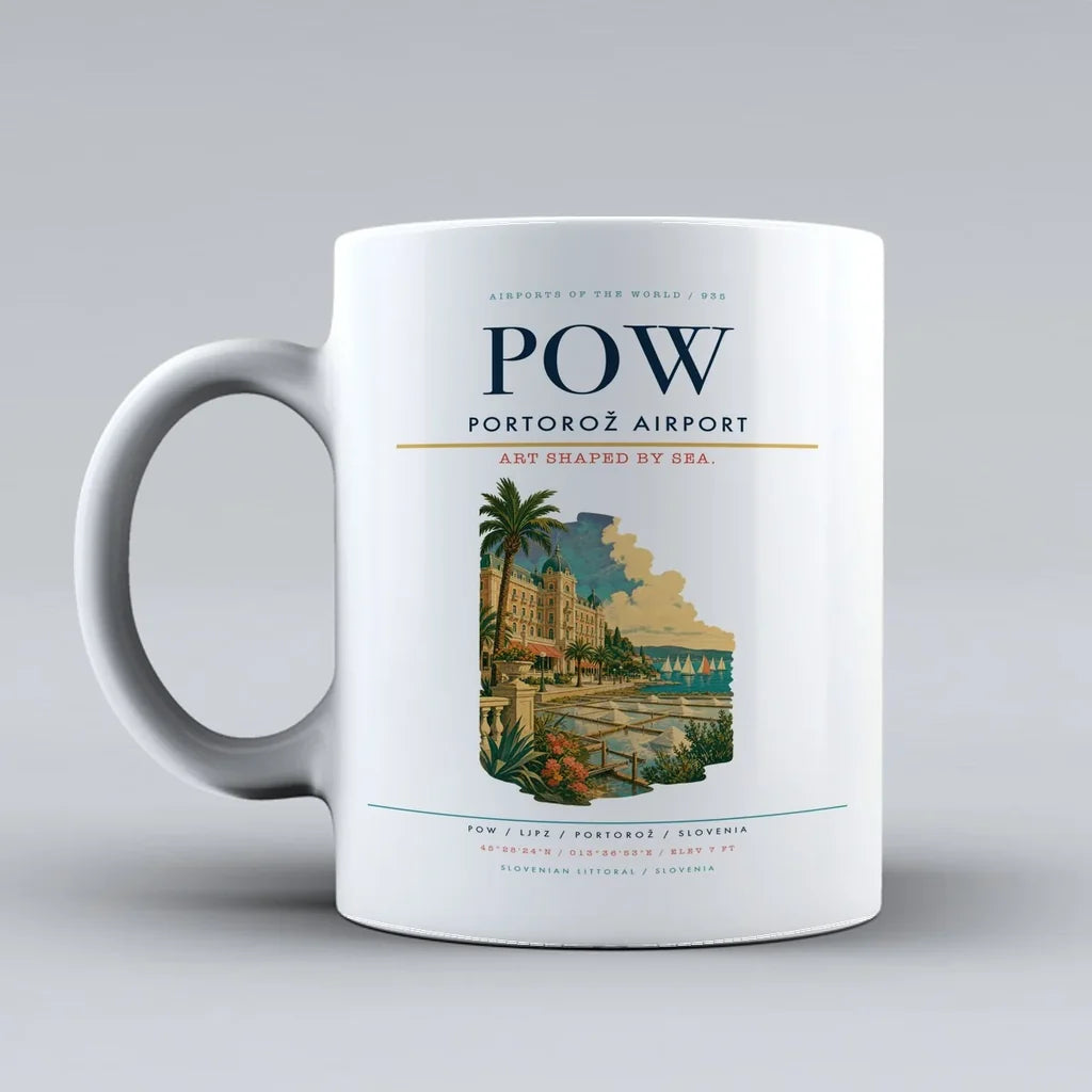 Portorož Airport (POW) airport code design on white ceramic mug