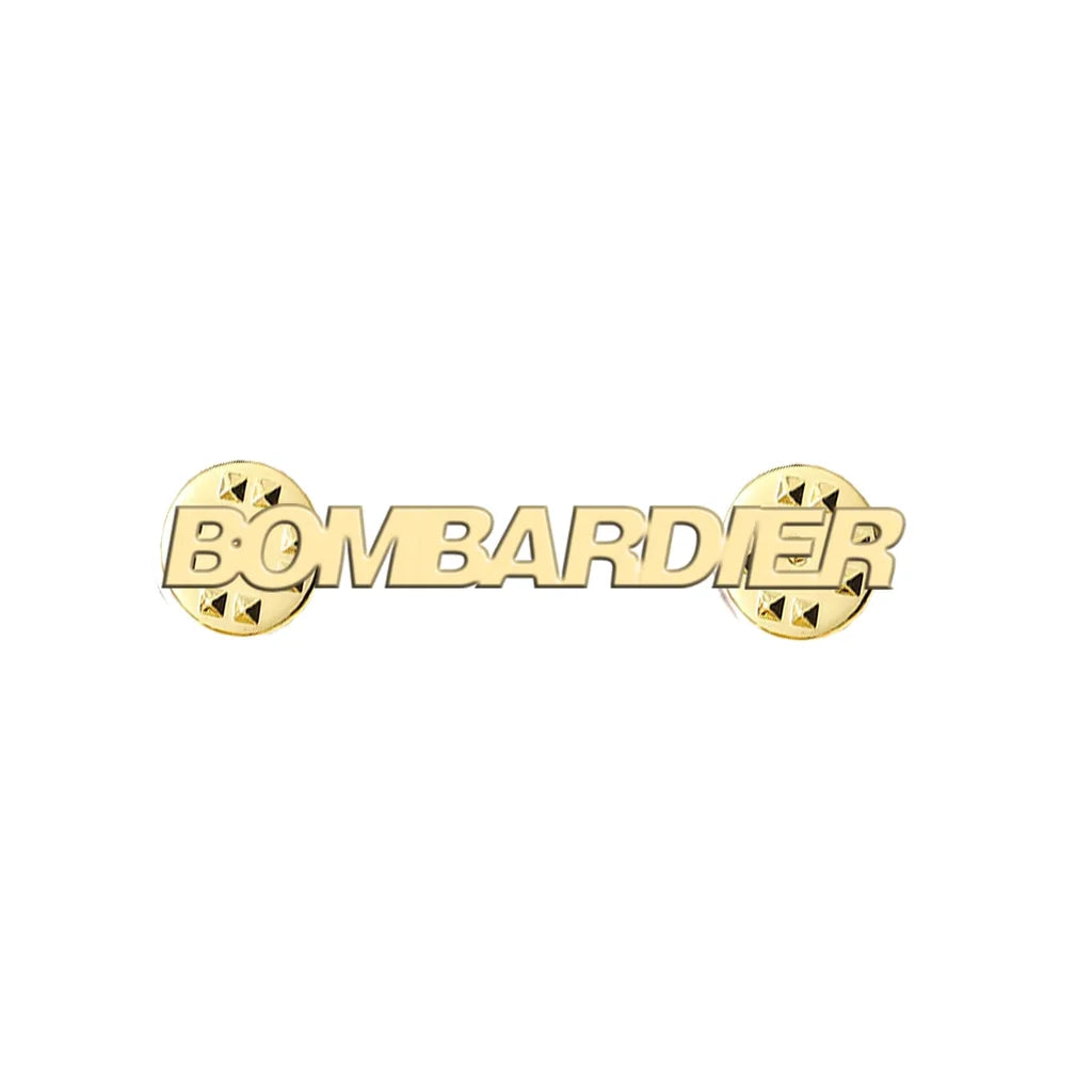 Bombardier & Text aviation hollow pin in polished alloy.