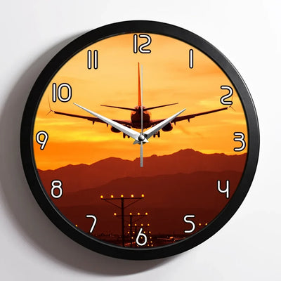 Landing Aircraft During Sunset aviation design on premium wood and metal wall clock.