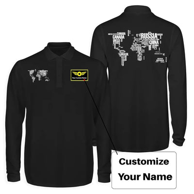 World Map (Text) Long Sleeve Polo T-Shirts (Double-Side) aviation design printed on soft cotton long-sleeve double-side polo.