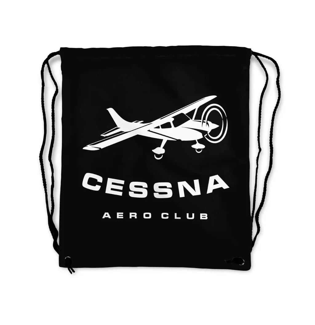 Cessna Aeroclub aviation print drawstring bag, lightweight polyester.