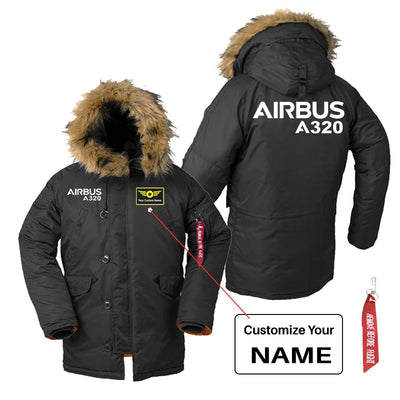 Airbus A320 & Text aviation design printed on heavyweight shell with hooded warmth parka bomber.