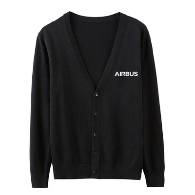 Airbus & Text aviation design on soft knit fabric cardigan sweater.