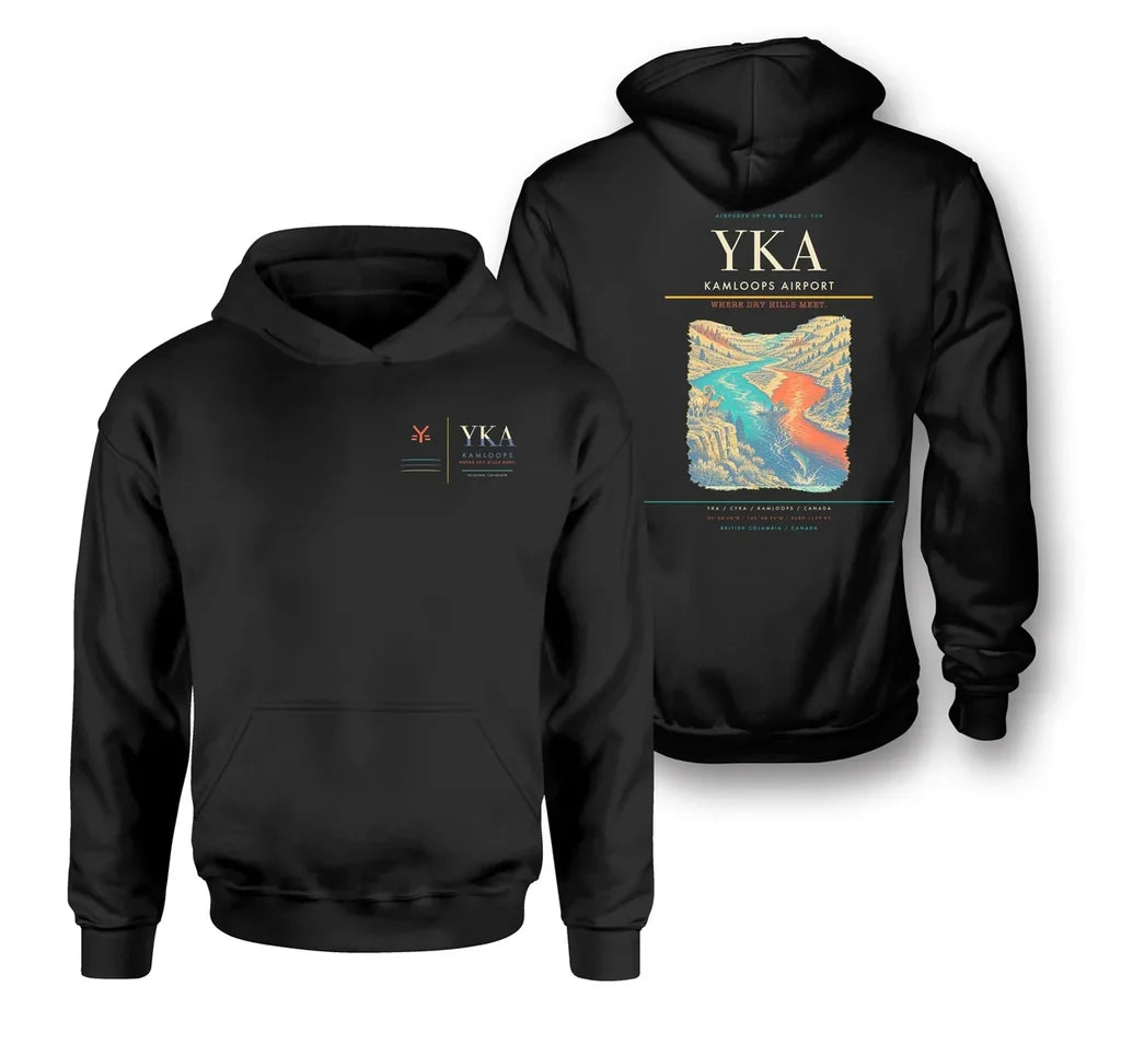 Kamloops Airport (YKA) design on black double-side hoodie
