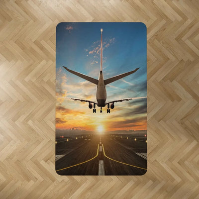 Airplane over Runway Towards the Sunrise aviation print rectangle carpet floor mat, durable carpet pile with non-slip backing.