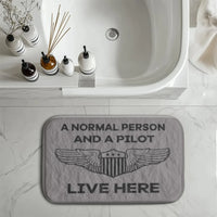 Thumbnail for A Normal Person and A PILOT Live Here aviation print bath mat, soft absorbent fabric with non-slip backing.