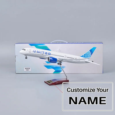 Side view of United Airlines Boeing 787 Airplane Model (43 cm) aviation LED model airplane in diecast metal with LED lighting.