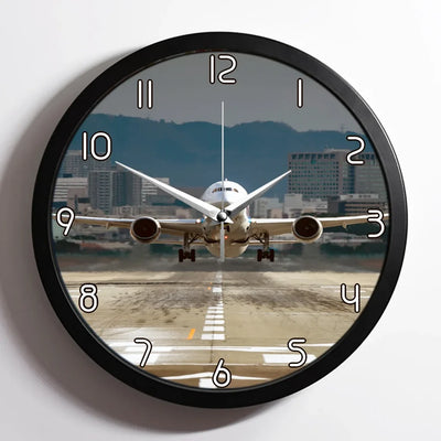 Departing Boeing 787 Dreamliner aviation design on premium wood and metal wall clock.