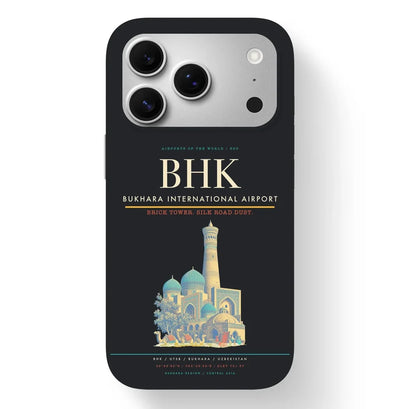 Bukhara Airport (BHK) design on black iPhone 17 Pro MagSafe case