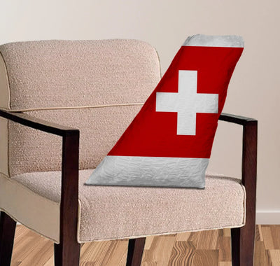 Swiss Airlines aviation design on soft polyester filling aircraft tail pillow.