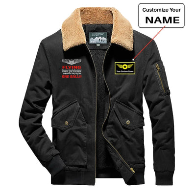 Flying One Ball aviation design printed on heavyweight padded shell with warm lining thick bomber jacket.
