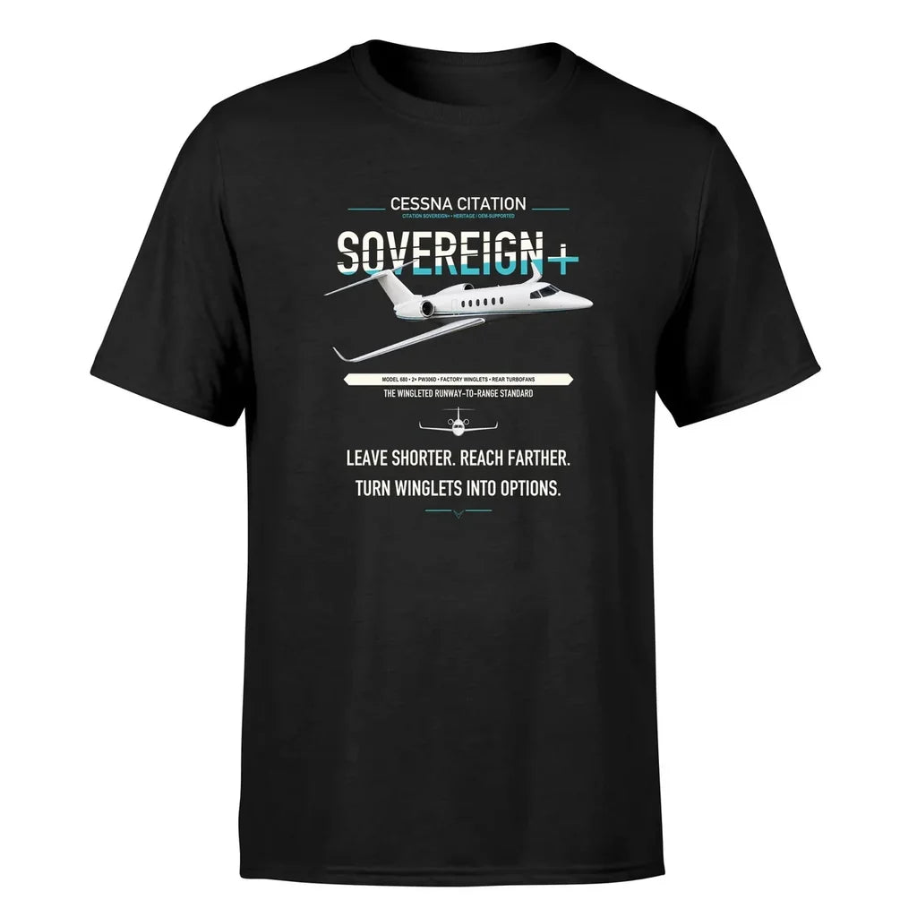 Cessna Citation Sovereign+ design on black double-side t-shirt, single-side print