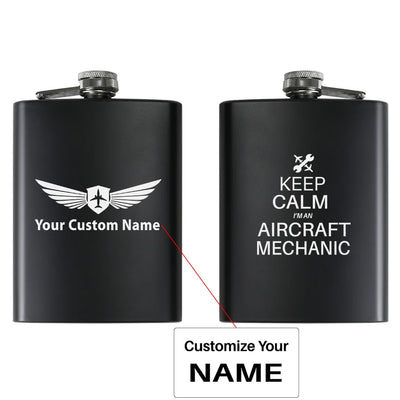 Aircraft Mechanic aviation design on stainless hip flask, compact pocket-size flask.