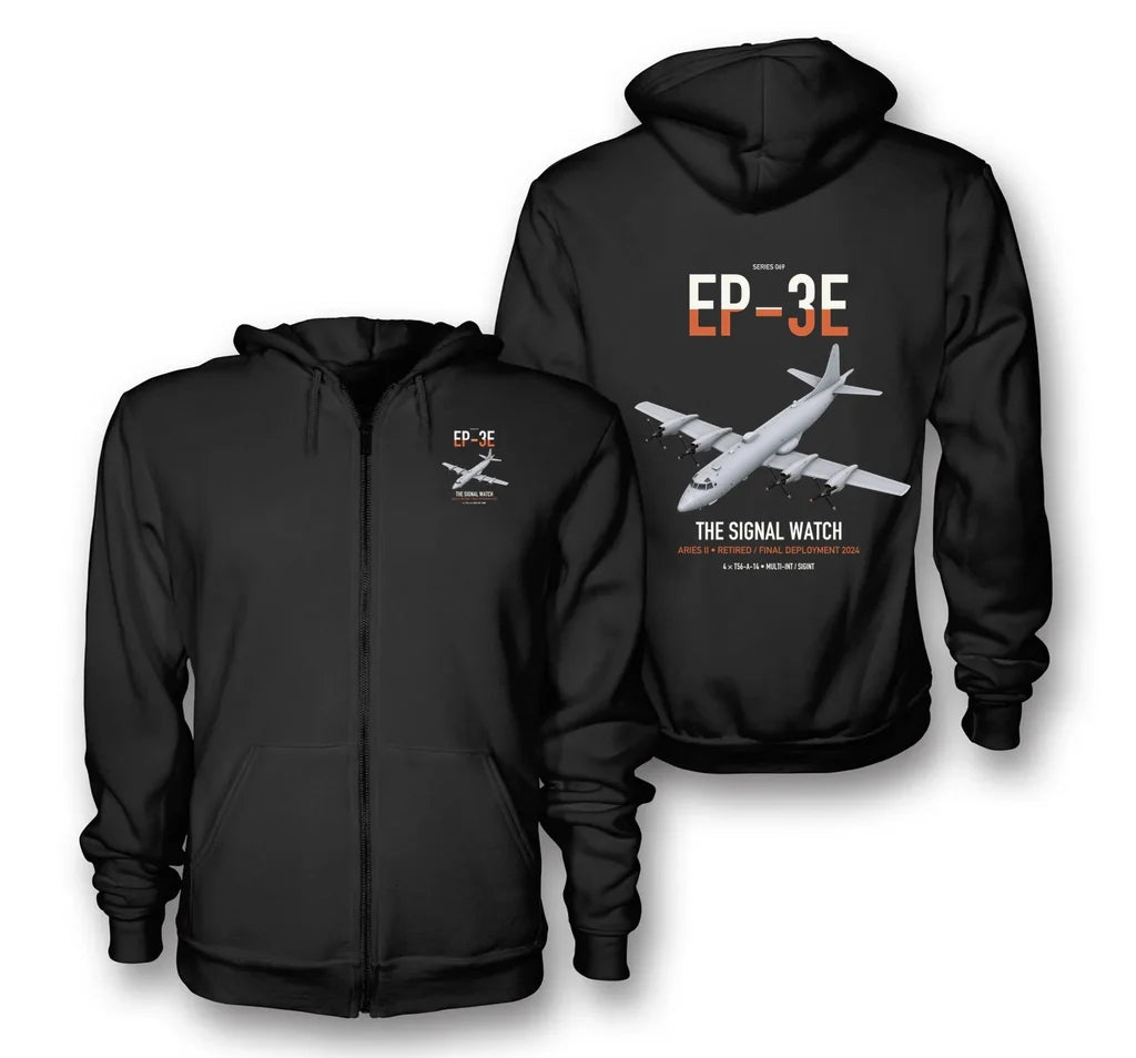 EP-3E ARIES II design on black premium zipped hoodie, double-side print