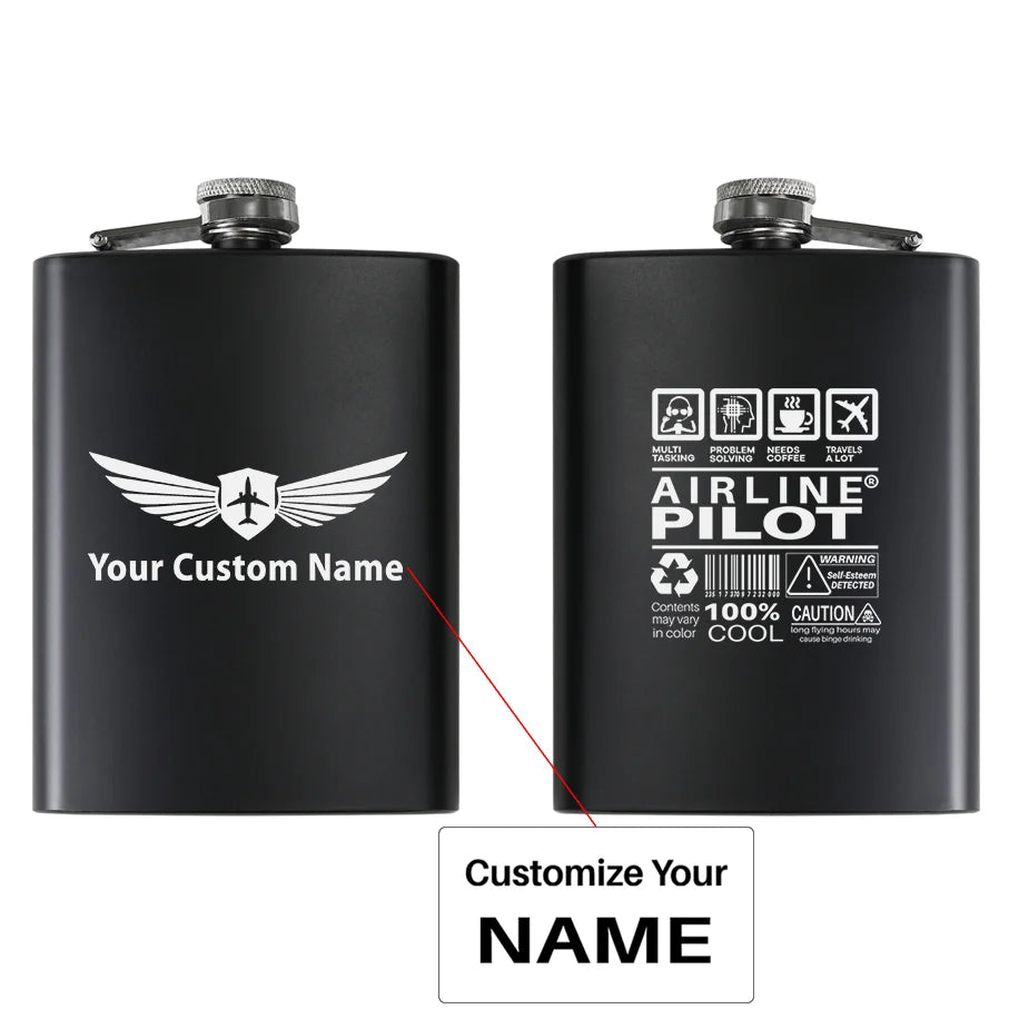 Airline Pilot Label aviation design on stainless hip flask, compact pocket-size flask.