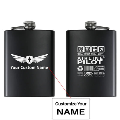 Airline Pilot Label aviation design on stainless hip flask, compact pocket-size flask.