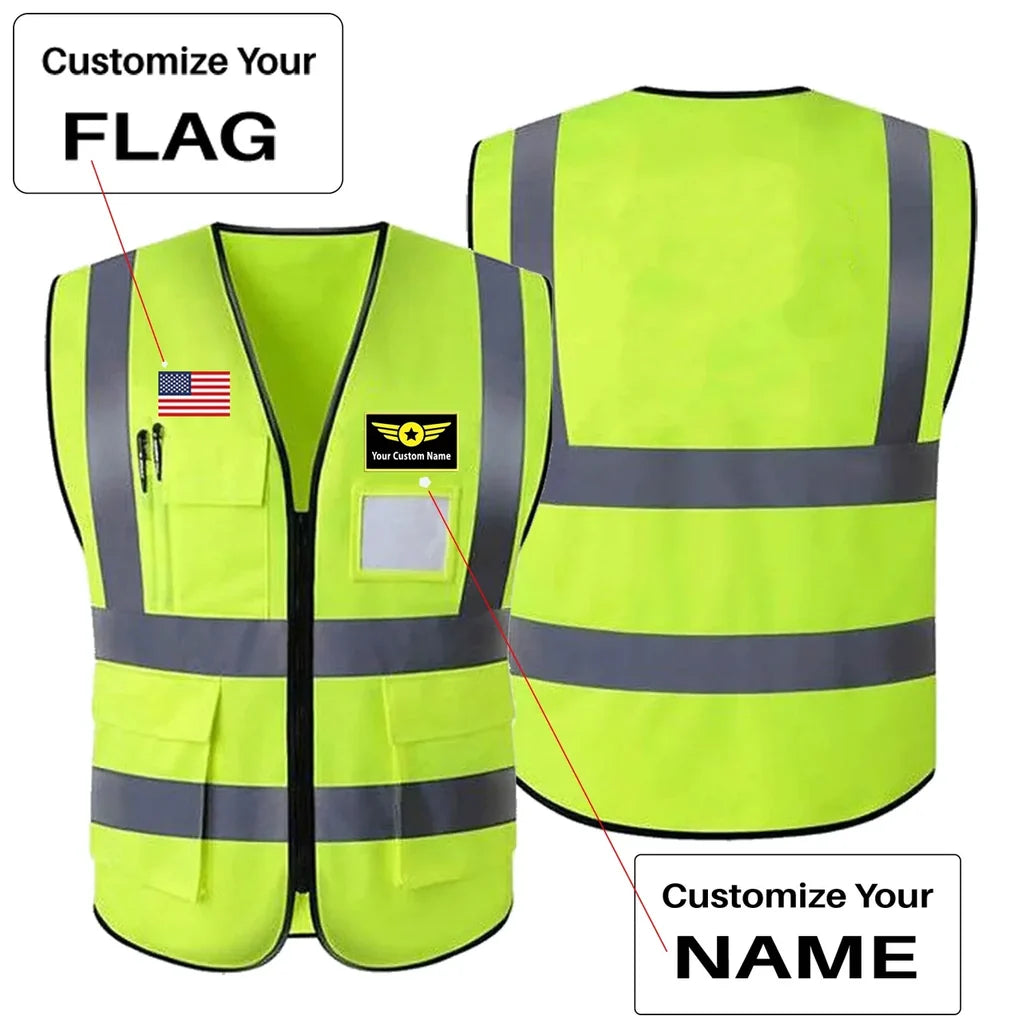 Custom Flag & Name with (Special Badge) aviation design printed on high-visibility reflective fabric reflective vest.