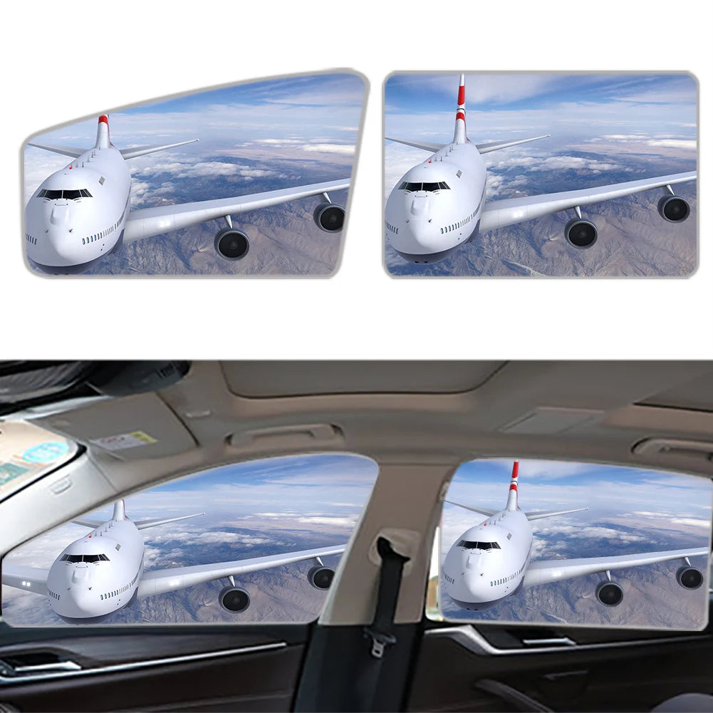 Graphical Boeing 747 Car Sun Shade (Side window) aviation design on reflective polyester car side window sun shade.