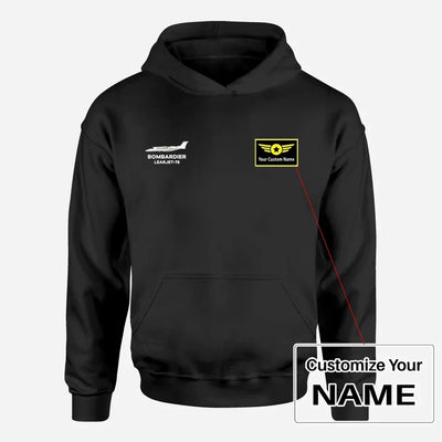 The Bombardier Learjet 75 aviation design on soft cotton blend men's hoodie with small chest logo.