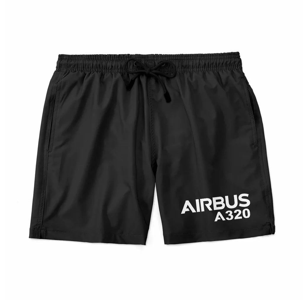Airbus A320 & Text aviation design on quick-dry polyester swim trunks.