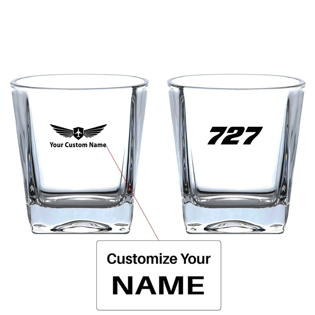 Boeing 727 Flat Text aviation design on whiskey glass, crystal-clear premium glassware.