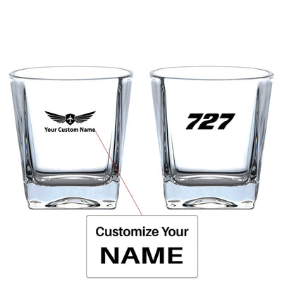 Boeing 727 Flat Text aviation design on whiskey glass, crystal-clear premium glassware.