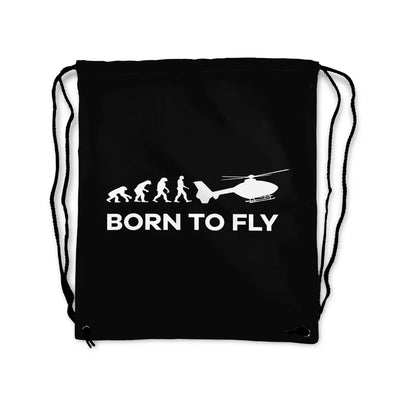 Born To Fly Helicopter aviation design drawstring bag, lightweight polyester construction.