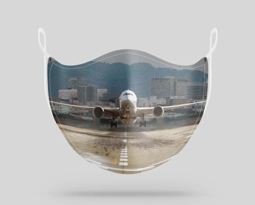 Departing Boeing 787 Dreamliner aviation face mask in breathable cotton blend.