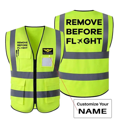 Remove Before Flight aviation design printed on high-visibility reflective fabric reflective vest.