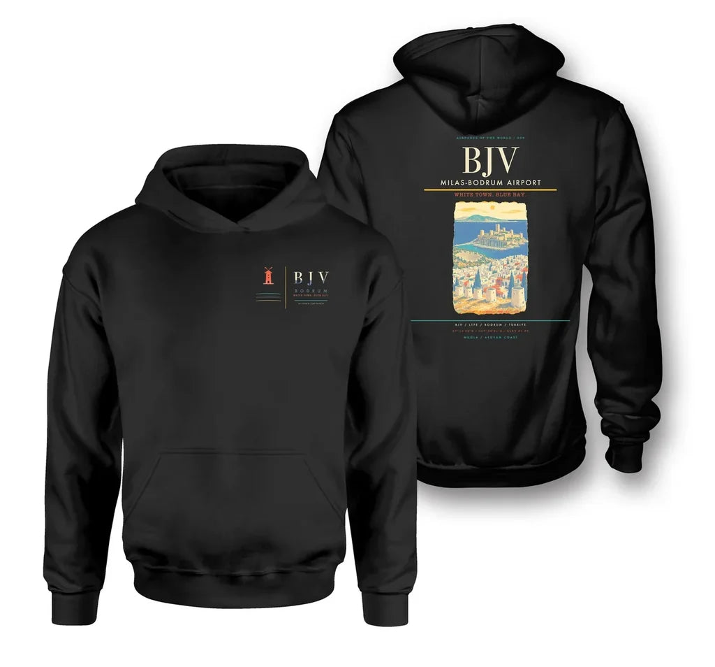 Milas-Bodrum Airport (BJV) design on black double-side hoodie