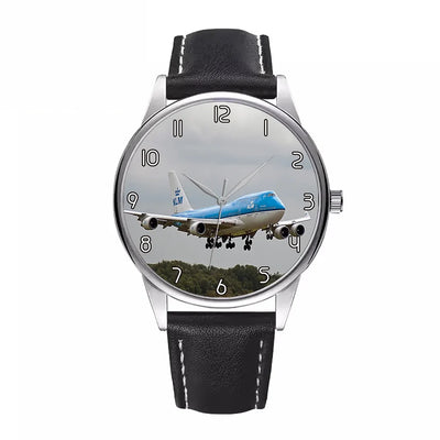 Landing KLM's Boeing 747 aviation watch with leather strap, leather strap body with engraved detail.