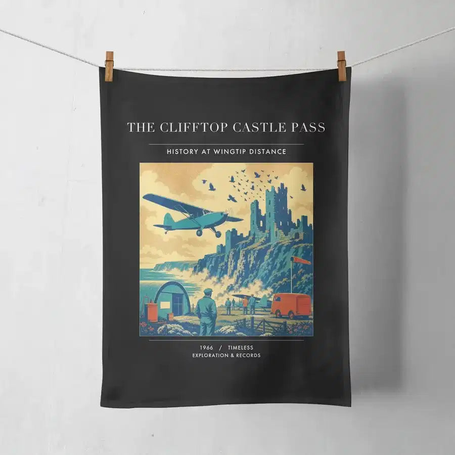 VINTAGE G4447 - The Clifftop Castle Pass - Designed Towels design on black